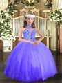 Nice Halter Top Sleeveless Little Girl Pageant Gowns Floor Length Appliques Blue Tulle
