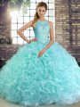Cheap Floor Length Aqua Blue 15th Birthday Dress Scoop Sleeveless Lace Up
