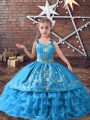 Glorious Baby Blue Satin and Organza Lace Up Kids Pageant Dress Sleeveless Floor Length Embroidery and Ruffled Layers