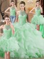Apple Green Halter Top Neckline Beading and Ruffles Vestidos de Quinceanera Sleeveless Lace Up