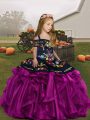Excellent Fuchsia Organza Lace Up Straps Sleeveless Floor Length Little Girls Pageant Dress Embroidery and Ruffles