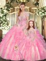 Hot Sale Baby Pink Strapless Lace Up Beading and Ruffles Quinceanera Gown Sleeveless