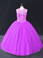 Custom Designed Sleeveless Tulle Floor Length Lace Up 15th Birthday Dress in Purple with Beading