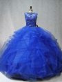 Luxurious Royal Blue Ball Gowns Scoop Sleeveless Tulle Brush Train Lace Up Beading and Ruffles 15 Quinceanera Dress