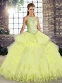 Best Sleeveless Floor Length Lace and Embroidery and Ruffles Lace Up Sweet 16 Dress with Yellow