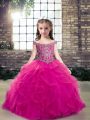Sleeveless Tulle Floor Length Lace Up Kids Formal Wear in Fuchsia with Beading and Ruffles
