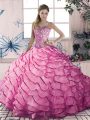 Pink Organza and Tulle Lace Up Sweetheart Sleeveless Floor Length Vestidos de Quinceanera Beading and Ruffles