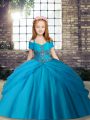 Baby Blue Lace Up Little Girls Pageant Gowns Beading Sleeveless Floor Length