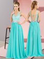 Aqua Blue Sleeveless Chiffon Backless Prom Gown for Prom and Party and Military Ball