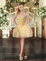Discount Beading and Ruffles Prom Evening Gown Gold Lace Up Sleeveless Mini Length