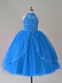 Floor Length Blue Little Girl Pageant Dress High-neck Sleeveless Lace Up