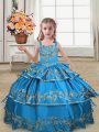 Straps Sleeveless Pageant Dress for Womens Floor Length Embroidery and Ruffled Layers Blue Satin