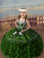 Custom Design Olive Green Sleeveless Embroidery and Ruffled Layers Floor Length Pageant Gowns For Girls