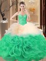Multi-color Lace Up Sweetheart Beading and Ruffles Quince Ball Gowns Fabric With Rolling Flowers Sleeveless