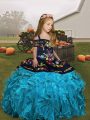 Floor Length Lace Up Little Girls Pageant Gowns Aqua Blue for Party and Wedding Party with Embroidery and Ruffles