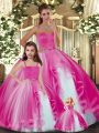 Hot Pink Ball Gowns Tulle Sweetheart Sleeveless Ruffles Floor Length Lace Up Quinceanera Gown