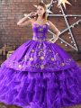 Suitable Purple Ball Gowns Satin and Organza Sweetheart Sleeveless Embroidery Floor Length Lace Up Quinceanera Dresses