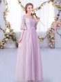 Trendy Lavender Half Sleeves Lace and Belt Floor Length Dama Dress for Quinceanera