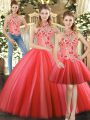 Red Sleeveless Tulle Lace Up Quinceanera Dress for Sweet 16 and Quinceanera