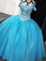 Affordable Baby Blue Ball Gowns Straps Sleeveless Tulle Floor Length Lace Up Beading Sweet 16 Dress