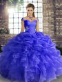 Blue Ball Gowns Organza Off The Shoulder Sleeveless Beading and Ruffles and Pick Ups Floor Length Lace Up Ball Gown Prom Dress
