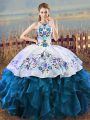 Fantastic Blue And White Sleeveless Floor Length Embroidery Lace Up Quinceanera Gown