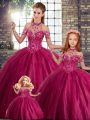 Pretty Fuchsia Tulle Lace Up Halter Top Sleeveless Ball Gown Prom Dress Brush Train Beading