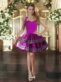 High Quality Fuchsia Ball Gowns Halter Top Sleeveless Taffeta Mini Length Lace Up Embroidery Cocktail Dress