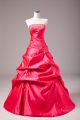 Superior Sleeveless Taffeta Floor Length Lace Up Quinceanera Gowns in Hot Pink with Beading and Appliques