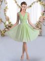 Chic Empire Bridesmaid Gown Yellow Green V-neck Chiffon Sleeveless Knee Length Zipper