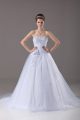 Delicate White Tulle Lace Up Sweetheart Sleeveless Wedding Gown Brush Train Beading and Hand Made Flower