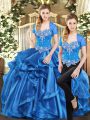 Superior Blue Two Pieces Beading and Ruffles Ball Gown Prom Dress Lace Up Organza Sleeveless Floor Length