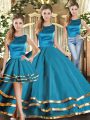 Floor Length Teal 15 Quinceanera Dress Tulle Sleeveless Ruffled Layers