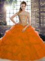 Top Selling Rust Red Tulle Lace Up Off The Shoulder Sleeveless Quinceanera Gowns Brush Train Beading and Pick Ups