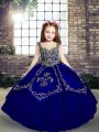 Royal Blue Ball Gowns Straps Sleeveless Tulle Floor Length Lace Up Beading and Embroidery Little Girls Pageant Dress