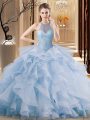 Deluxe Blue Sleeveless Beading and Ruffles Lace Up Sweet 16 Quinceanera Dress