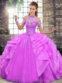 Lilac Ball Gowns Beading and Ruffles Quinceanera Gown Lace Up Organza Sleeveless Floor Length