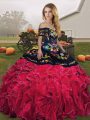 Decent Off The Shoulder Sleeveless Lace Up Quinceanera Dress Red And Black Organza