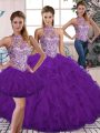 Purple Sleeveless Floor Length Beading and Ruffles Lace Up Quince Ball Gowns