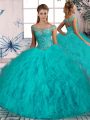 Brush Train Ball Gowns 15 Quinceanera Dress Aqua Blue Off The Shoulder Tulle Sleeveless Lace Up