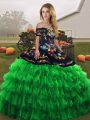 Captivating Green Quinceanera Gown Military Ball and Sweet 16 and Quinceanera with Embroidery and Ruffled Layers Off The Shoulder Sleeveless Lace Up