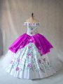 Traditional White And Purple Ball Gowns Organza Off The Shoulder Sleeveless Embroidery and Ruffles Floor Length Lace Up Sweet 16 Quinceanera Dress