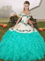 Turquoise Sleeveless Embroidery and Ruffles Floor Length 15 Quinceanera Dress
