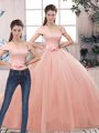 Custom Designed Pink Tulle Lace Up 15th Birthday Dress Short Sleeves Floor Length Lace and Hand Made Flower