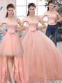 Sweet Pink Ball Gown Prom Dress Military Ball and Sweet 16 and Quinceanera with Lace and Hand Made Flower Off The Shoulder Short Sleeves Lace Up