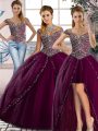 Super Purple Ball Gowns Tulle Sweetheart Cap Sleeves Beading Lace Up Quinceanera Dresses Brush Train