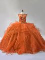 Rust Red Lace Up Ball Gown Prom Dress Ruffles Sleeveless Brush Train
