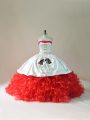 Embroidery and Ruffles Quinceanera Gowns White And Red Lace Up Sleeveless Floor Length Brush Train