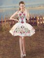 Satin Scoop Sleeveless Lace Up Embroidery Prom Party Dress in White
