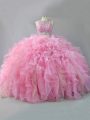 Floor Length Pink Sweet 16 Quinceanera Dress Scoop Sleeveless Lace Up